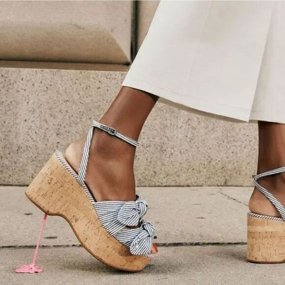 New Kate Spade Julep Platform Wedge White and Blue Striped Size 7 - Picture 1 of 12